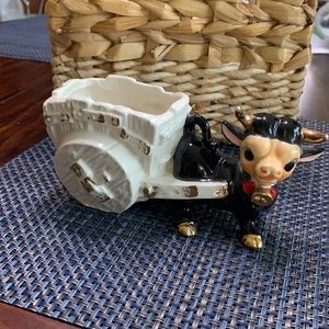 Vintage Japanese Ceramic Adorable Black Cow/Bull  Red Bowtie/Gold Bell & Cart